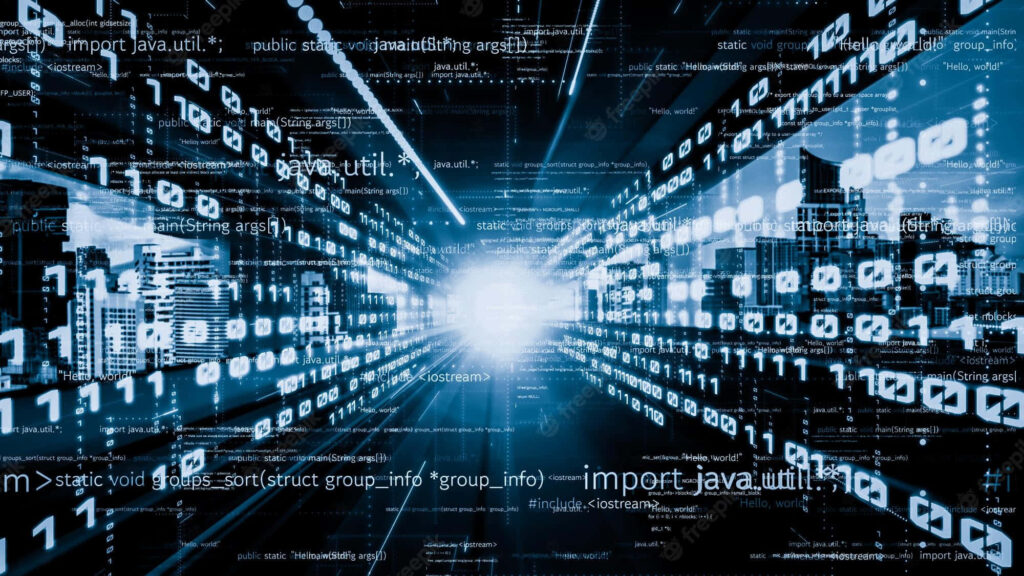 Futuristic Cybertech Wallpaper: Glowing Cityscape & Code Streams
