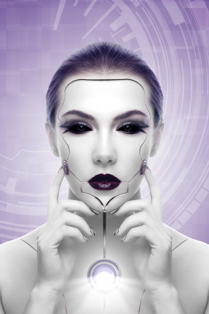 Futuristic Cyborg Girl Wallpaper: Human-Machine Fusion in Purple