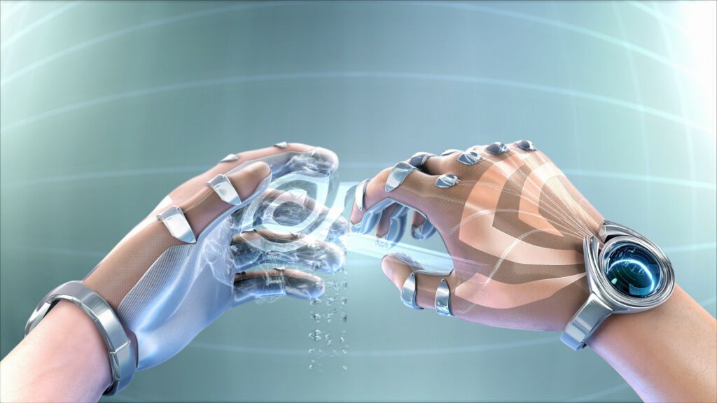 Futuristic Cyborg Hands with Holographic Object & Gradient Background Wallpaper