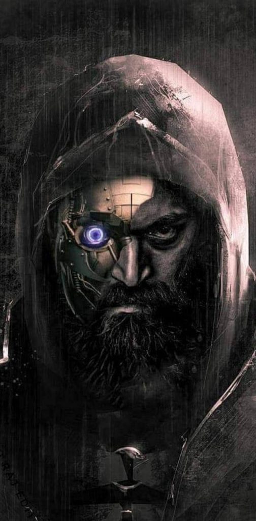 Rocking Star Yash as futuristic cyborg with glowing purple eye dark hood digital art wallpaper