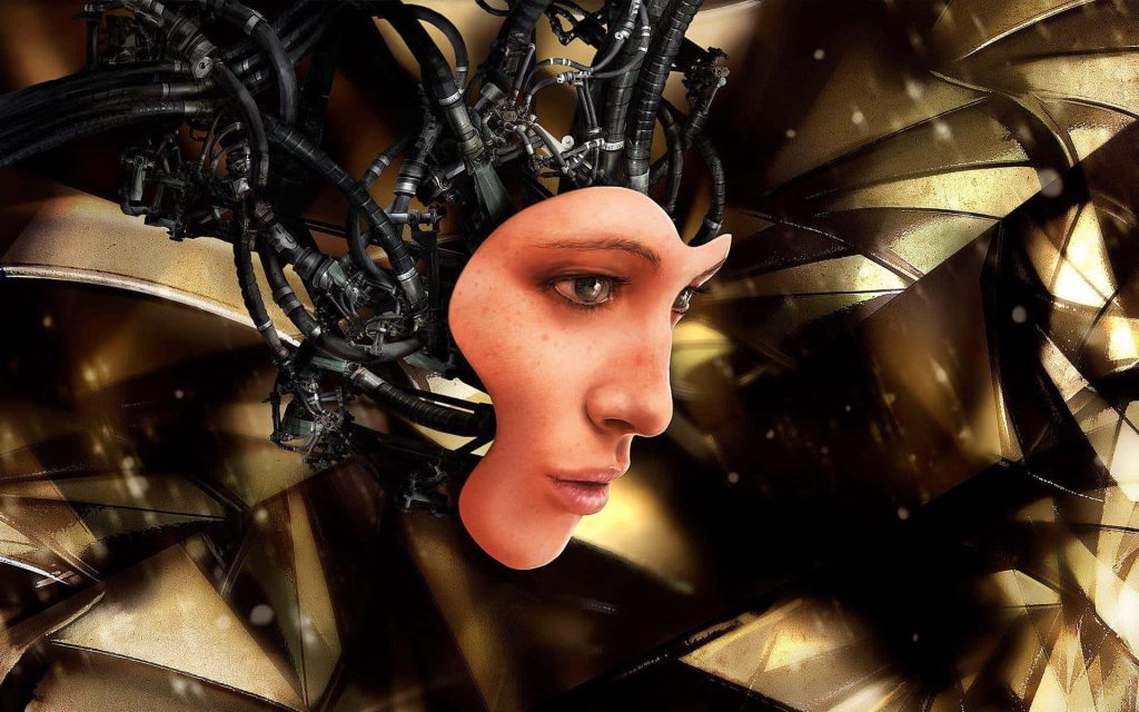 Futuristic cyborg woman with dark cables on geometric gold background high-tech AI wallpaper
