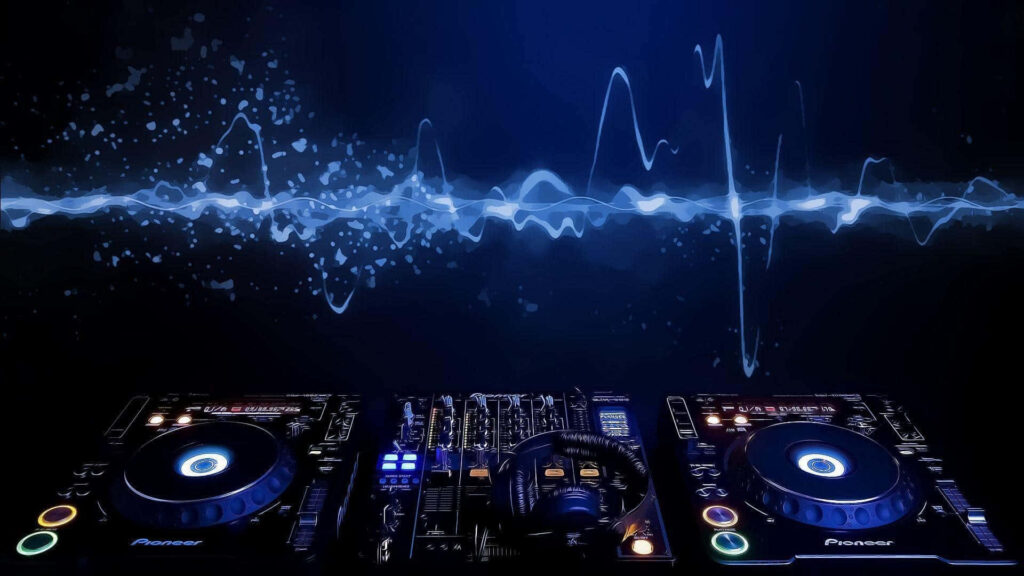 Electrifying DJ Set Wallpaper: High-Tech Turntables & Pulsating Waves