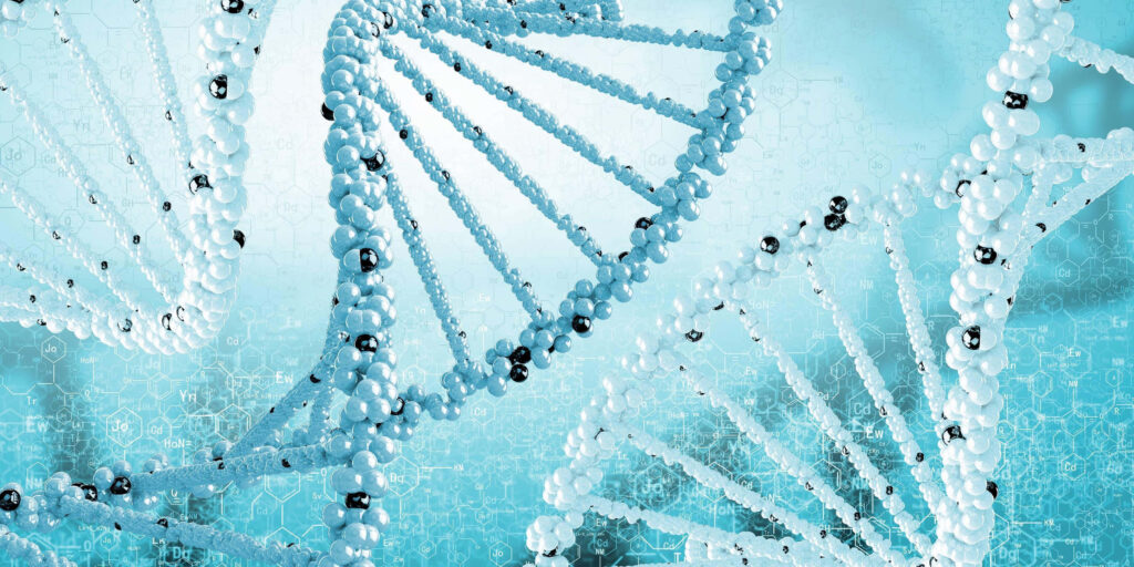 Futuristic blue and white DNA double helix wallpaper symbolizing genetics and scientific research