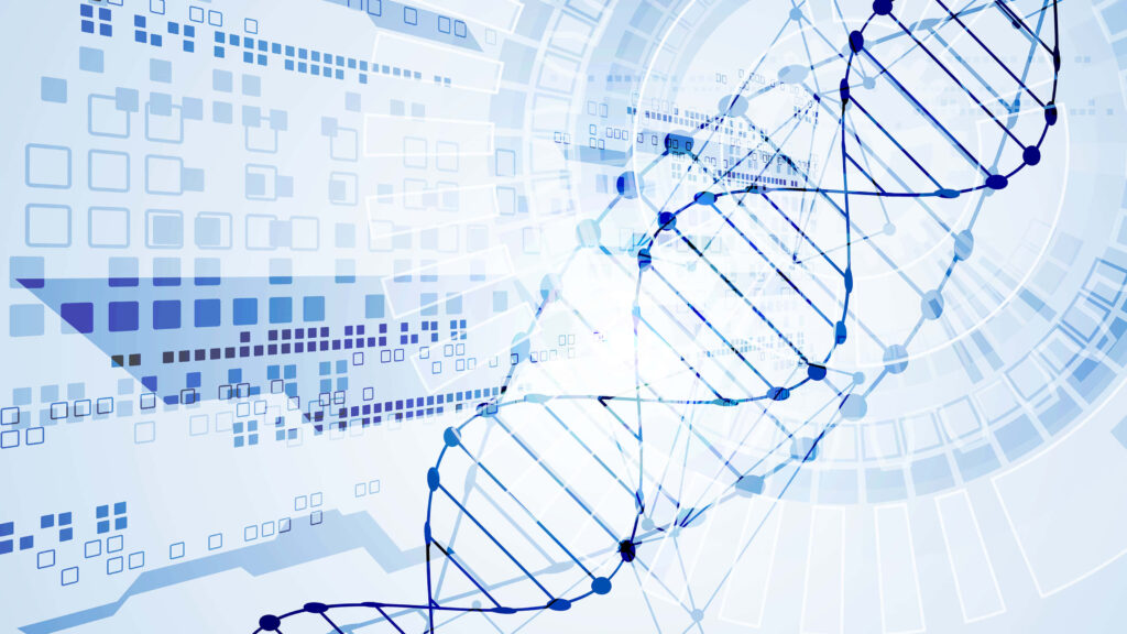 Detailed DNA double helix on futuristic blue and white geometric digital science background Wallpaper