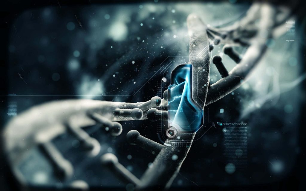 Futuristic dark DNA double helix CGI wallpaper with vibrant blue sci-fi overlays and particles