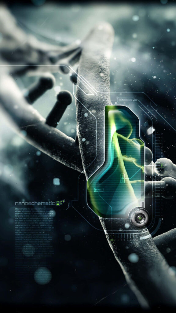 Close-up DNA double helix with glowing green and blue digital graphics futuristic science wallpaper