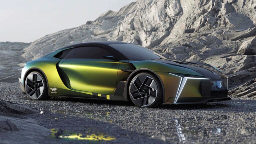 Futuristic metallic green and gold DS Automobiles car with sleek aerodynamic design on rocks Wallpaper