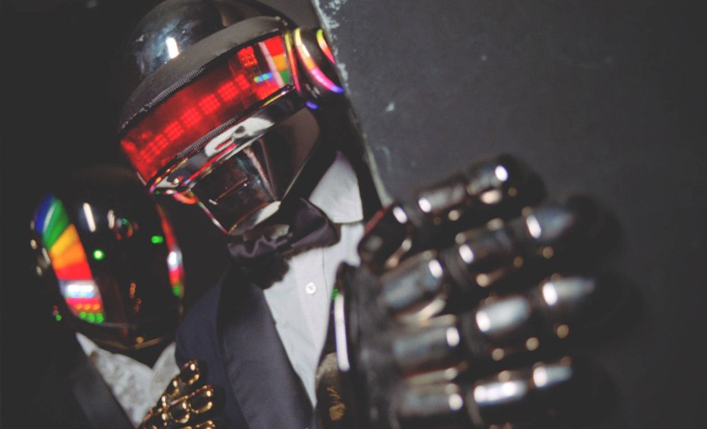 Daft Punk wallpaper featuring red visor and rainbow helmet in dark futuristic style background