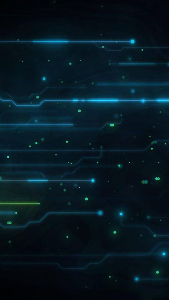 Dark mobile wallpaper with glowing blue circuits and green nodes on black futuristic background