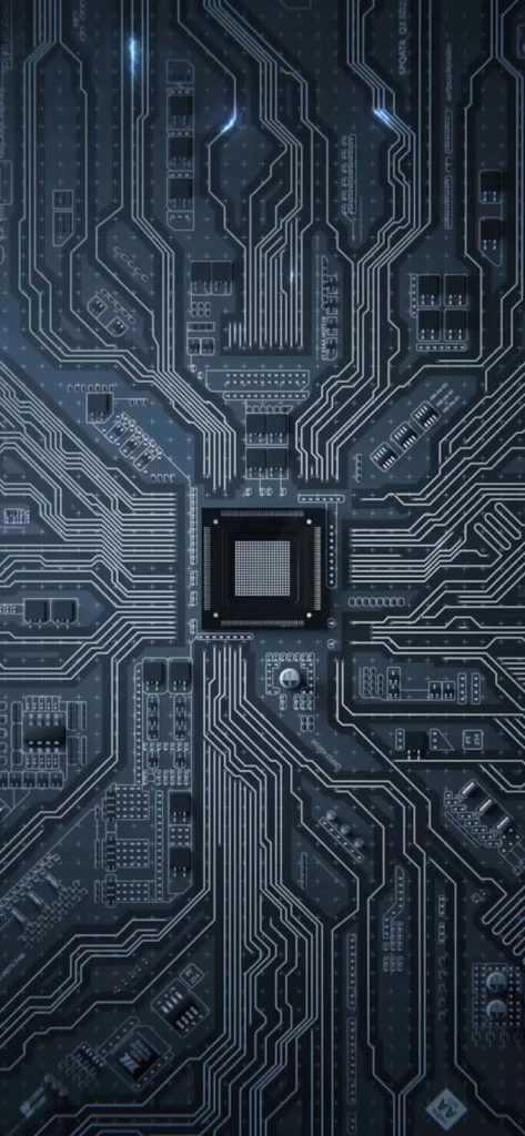 Dark-themed digital art wallpaper featuring a detailed glowing motherboard circuit board design
