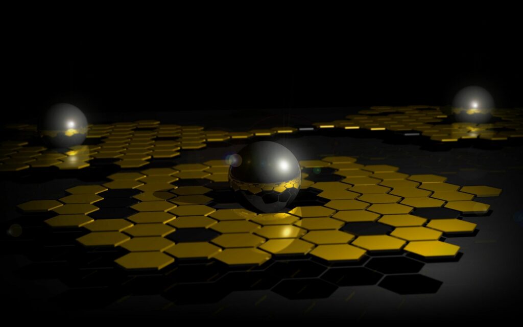 Futuristic Dark Wallpaper: Reflective Spheres on Hexagonal Mesh
