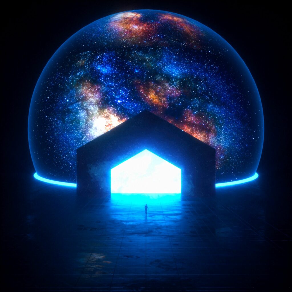 Dark Futuristic Wallpaper: Glowing Portal & Vibrant Galaxy Scene