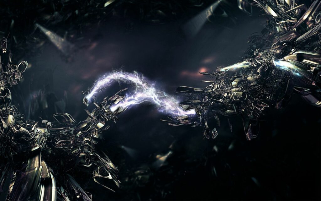 Dark Futuristic Wallpaper: Metallic Structures & Electric Lightning