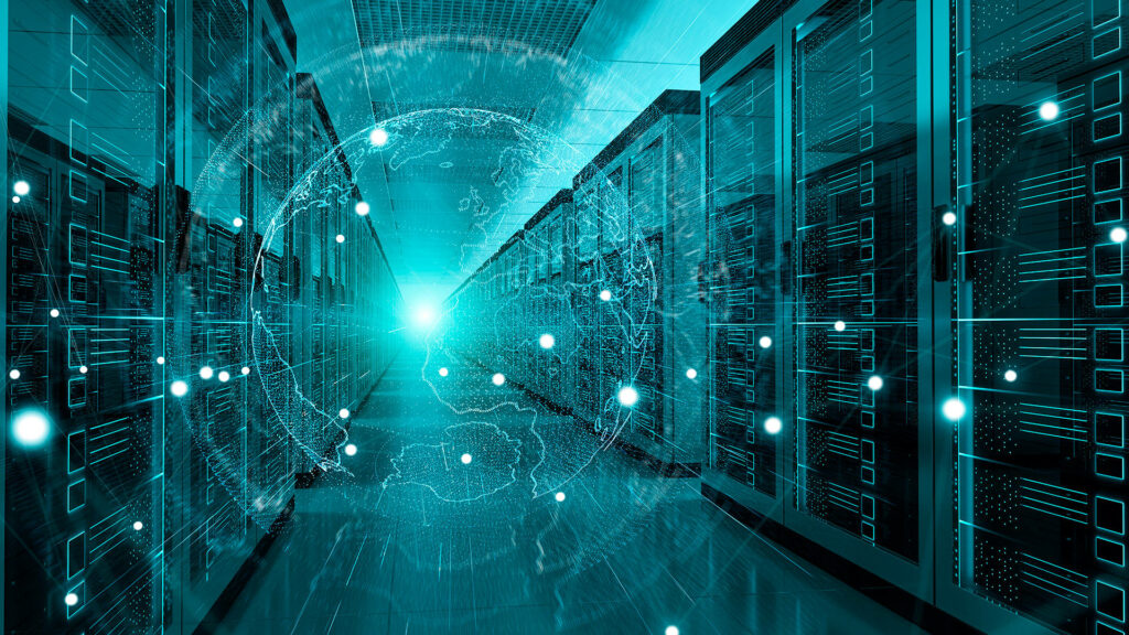 Futuristic data center with blue-lit server racks digital network graphics and glowing globe overlay Wallpaper