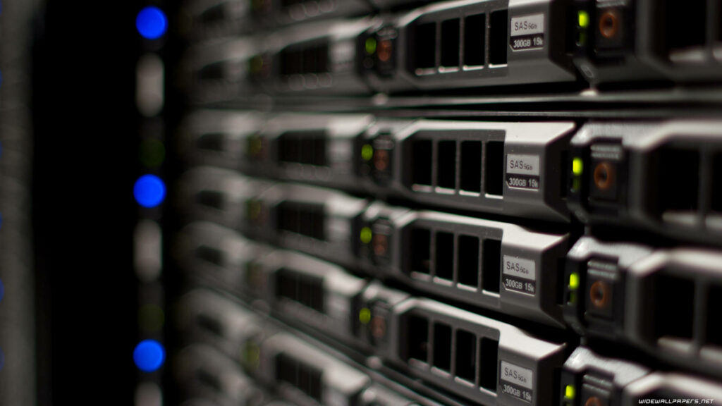 Close-up of modern data center server racks with LED lights and metallic textures background Wallpaper