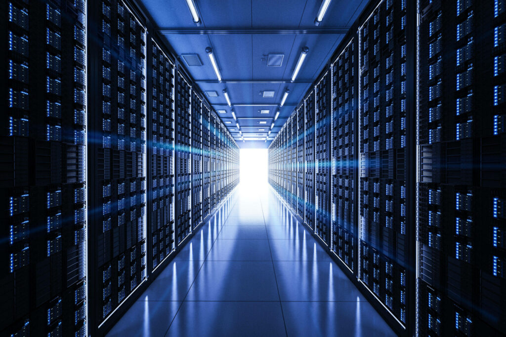 Futuristic modern data center server room with illuminated racks and cool blue lighting background Wallpaper