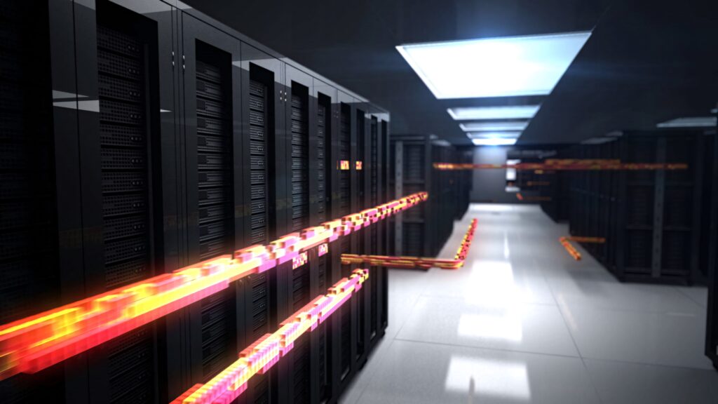Modern data center with black server racks and glowing data streams highlighting connectivity Wallpaper