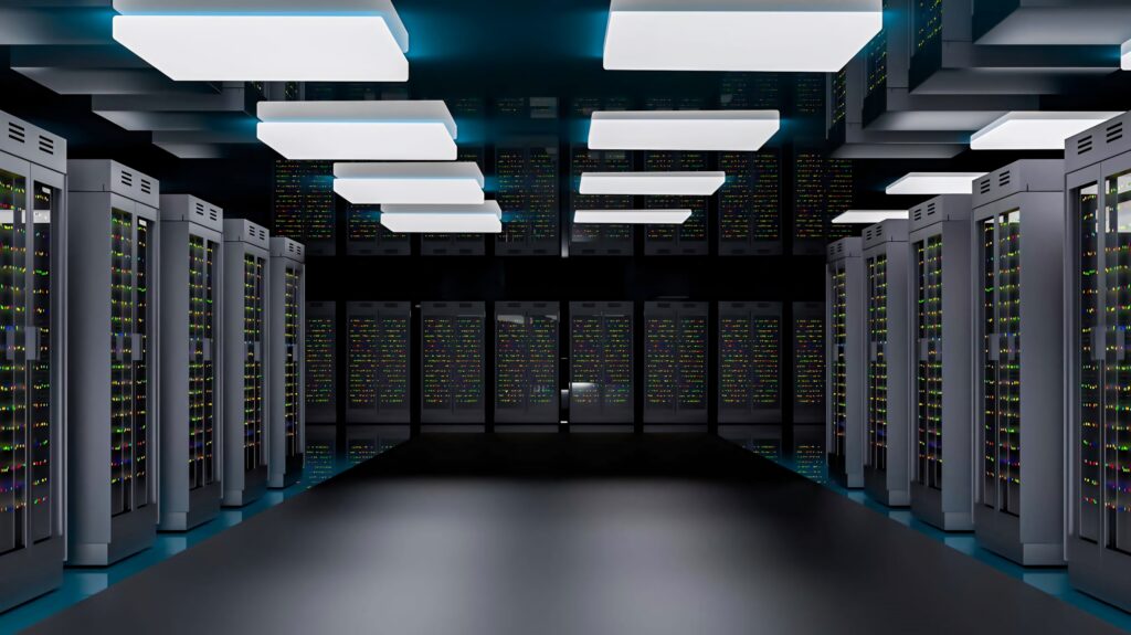 Futuristic data center with sleek server racks ambient blue lighting and modern ceiling panels Wallpaper