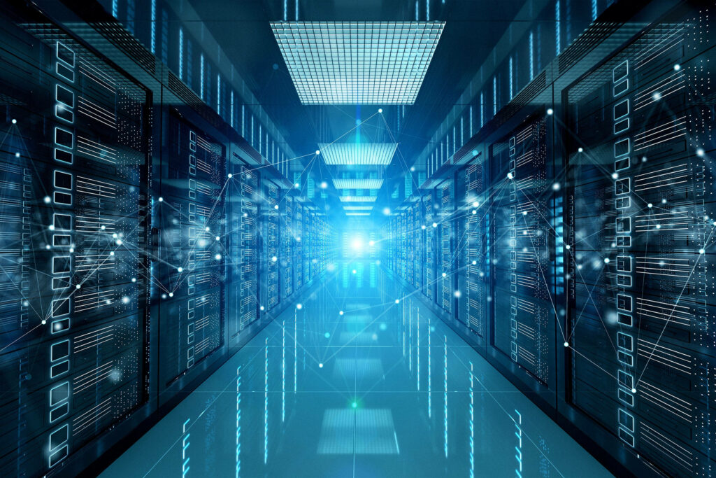 Futuristic data center with sleek server racks glowing blue and dynamic digital patterns wallpaper