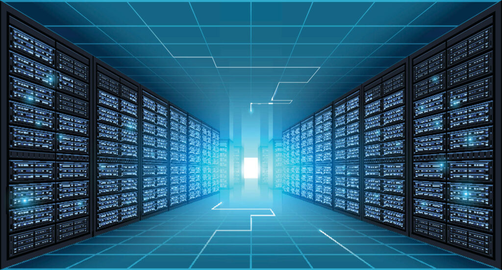 Futuristic data center mainframe with endless glowing blue server racks showcasing high-tech connectivity Wallpaper