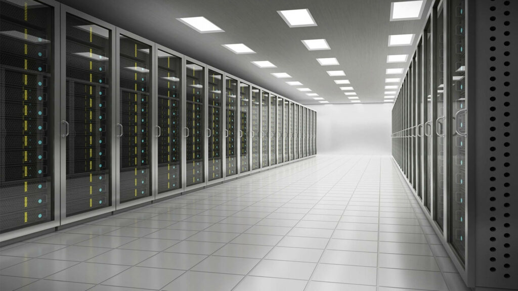 Futuristic data center with server racks LED lights polished floors and modern ceiling lighting Wallpaper
