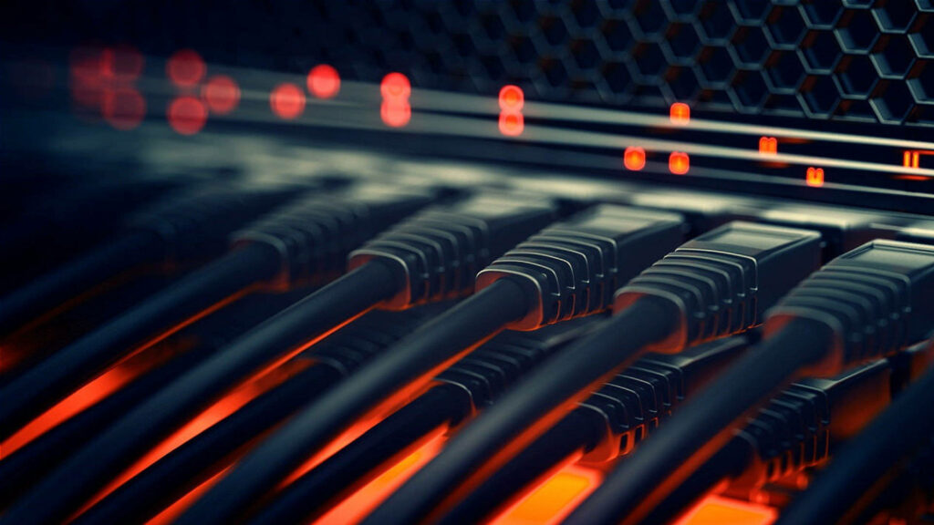 Modern data center with red LED-lit network cables and honeycomb pattern background wallpaper