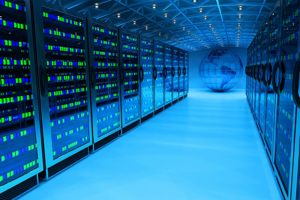 Futuristic Data Storage Facility Wallpaper: Illuminated Servers & Globe