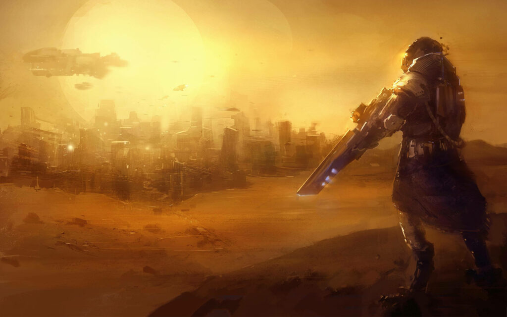 Futuristic Desert Wallpaper: Man in Suit with High-Tech Weapon