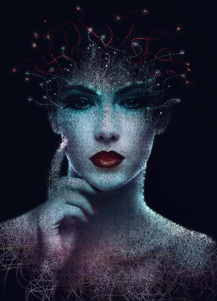 Futuristic digital art of woman with red lipstick glowing with sparkling particles and light trails Wallpaper