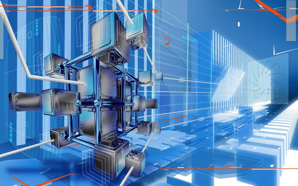 Futuristic Digital Artwork: Geometric Tech Wallpaper in Blue Tones