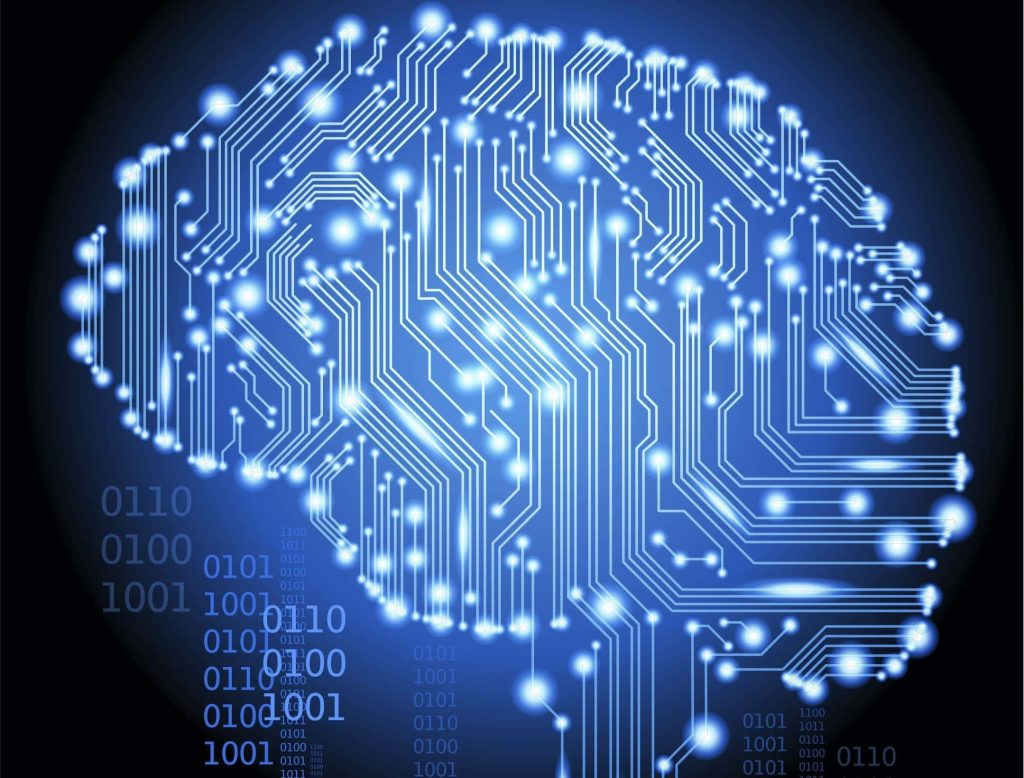 Futuristic digital brain with glowing circuits and binary code on blue tech background wallpaper