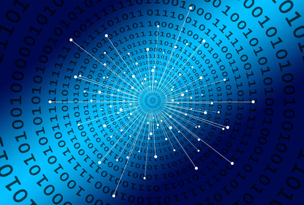 Futuristic digital wallpaper with white lines radiating from blue center and binary code circles