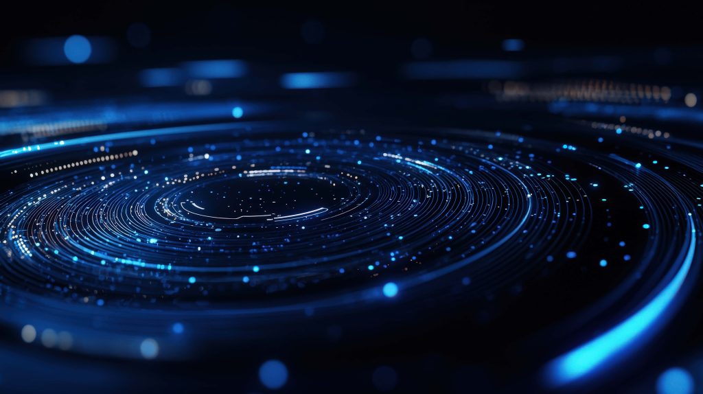 Futuristic digital spiral wallpaper with glowing blue neon trails and intricate data nodes design