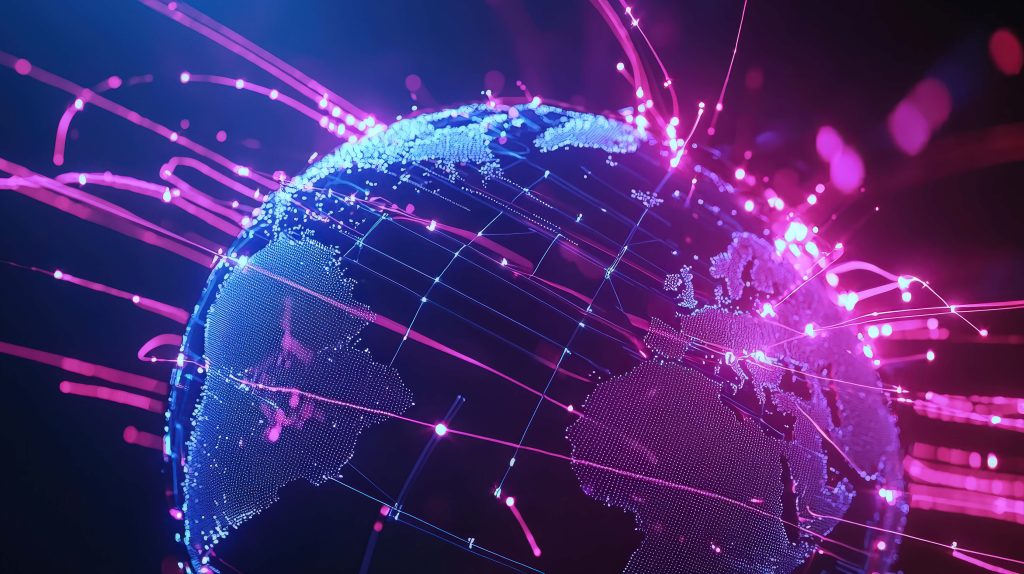 Futuristic digital earth with glowing blue pixels and neon pink data streams global network wallpaper