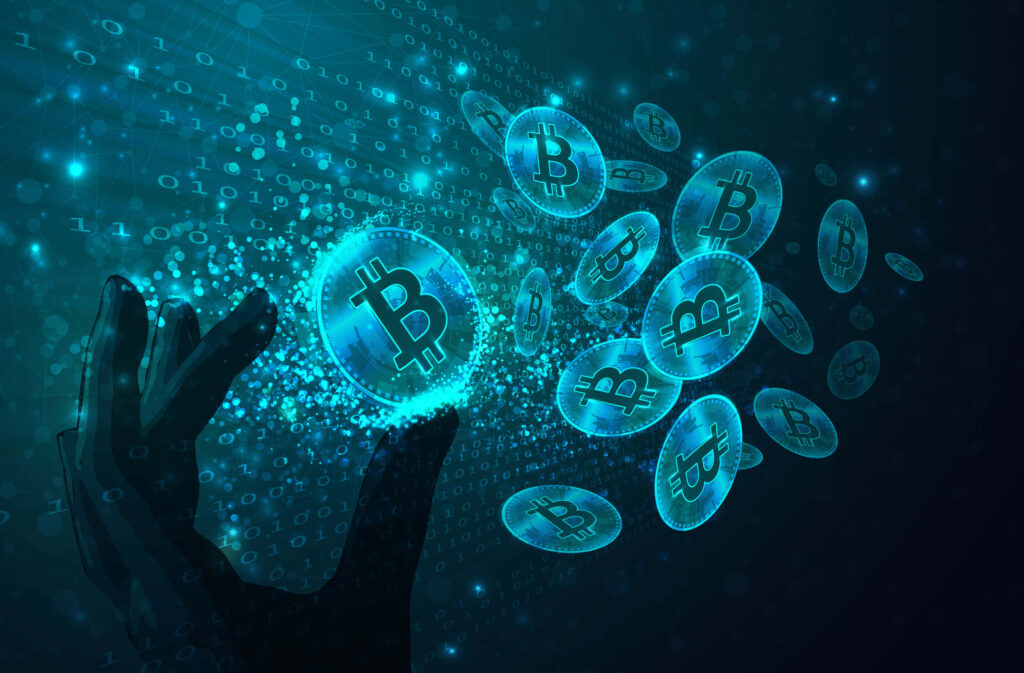 Digital hand reaching glowing Bitcoin symbols symbolizing future of cryptocurrency finance innovation Wallpaper