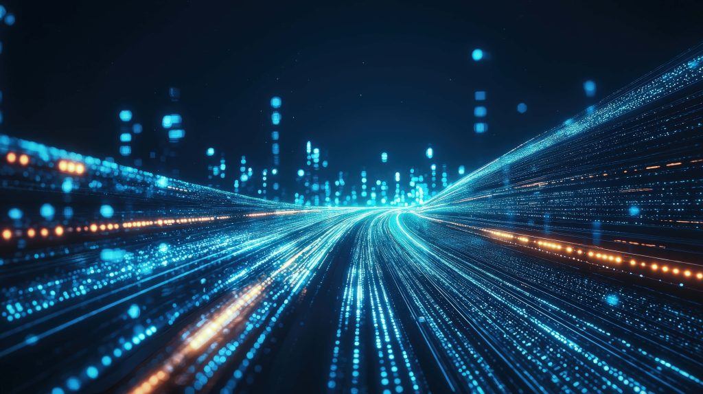 Futuristic digital highway with vibrant blue and amber light trails representing fast data flow Wallpaper