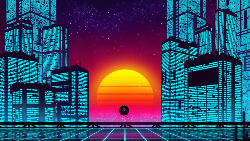 Retro-futuristic cyberpunk city 4K wallpaper neon blue skyscrapers glowing sun synthwave grid