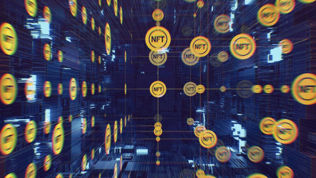 Futuristic digital landscape with floating NFT symbols showcasing blockchain technology background Wallpaper