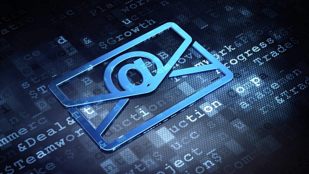 Digital mail logo in vibrant blue with glowing code background modern tech wallpaper design