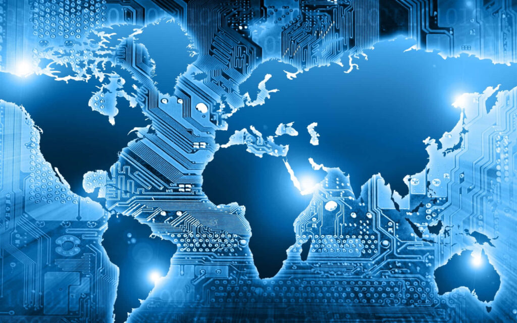 Futuristic Digital Map Wallpaper: Blue Neon Circuit Board Design