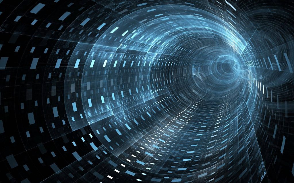 Futuristic digital tunnel with blue and cyan glowing data patterns in a sleek tech wallpaper