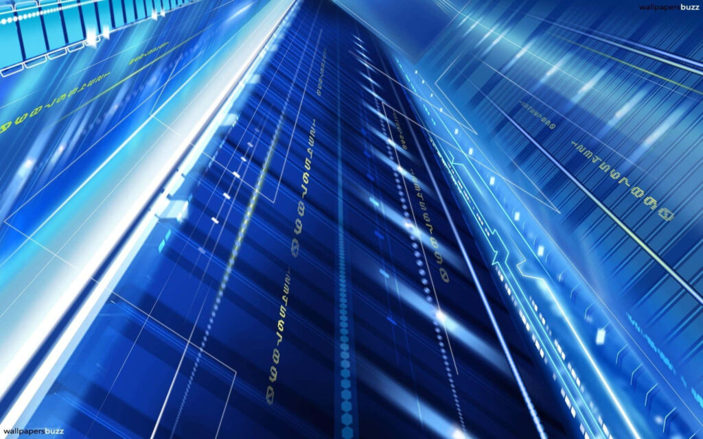 Futuristic Blue Building Wallpaper: High-Tech Digital Design