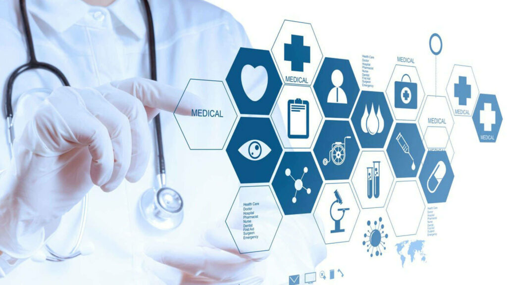 Healthcare professional in white coat with stethoscope and futuristic medical icons wallpaper