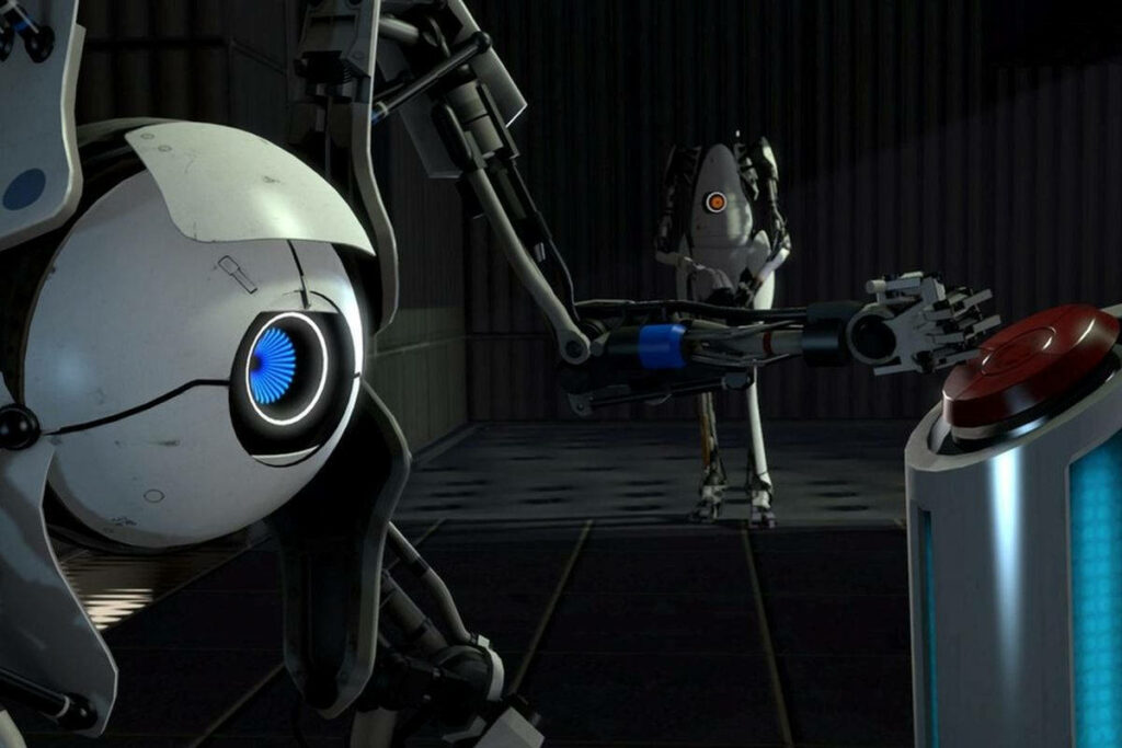 Atlas & P-Body Dual-Screen Wallpaper: Sci-Fi Portal 2 Design