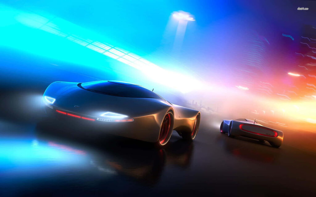 Futuristic electric cars with diamond designs race in neon city glowing blue and orange lights wallpaper