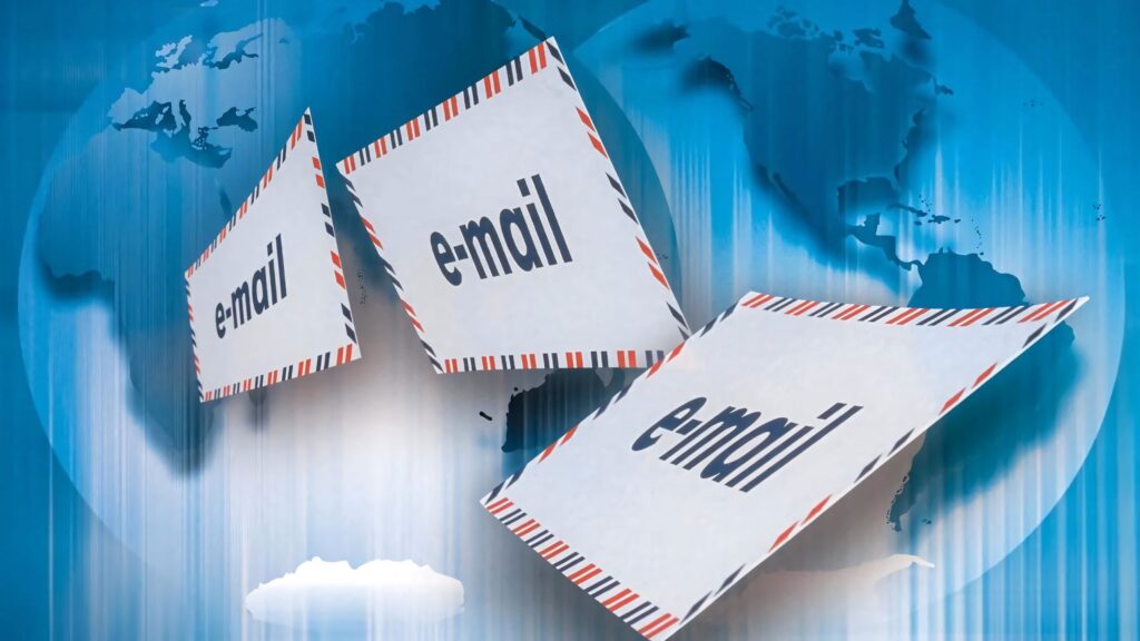 Three white envelopes labeled email floating over blue digital world map modern communication background Wallpaper