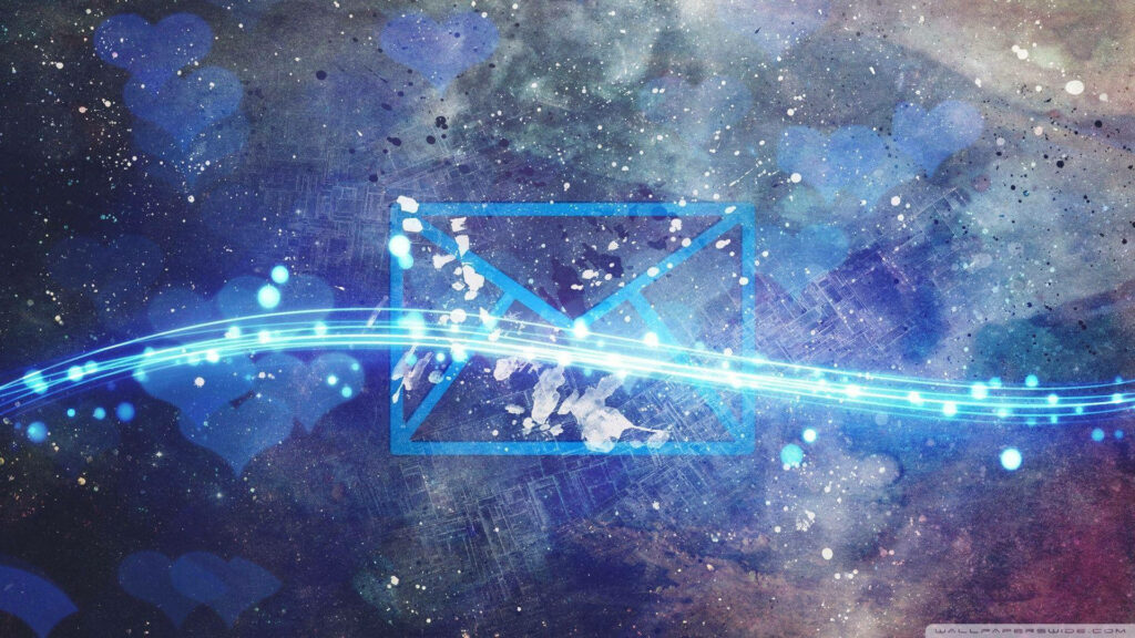 Digital envelope icon with cosmic blue and purple swirls glowing hearts and energy waves wallpaper