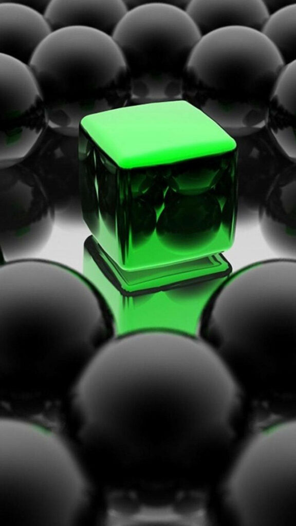 Vibrant Emerald Green Cube 3D iPhone Wallpaper with Black Spheres