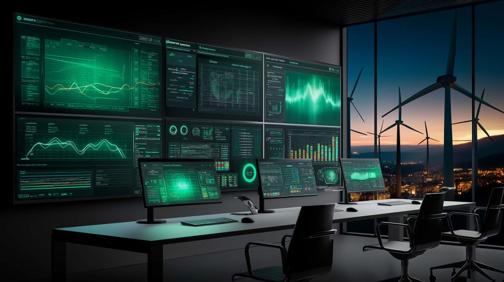 Futuristic energy monitoring center with green digital displays overlooking wind farm at sunset wallpaper