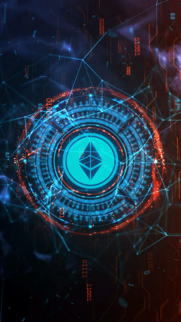 Futuristic Ethereum hologram wallpaper with glowing blue orange interface and blockchain circuits